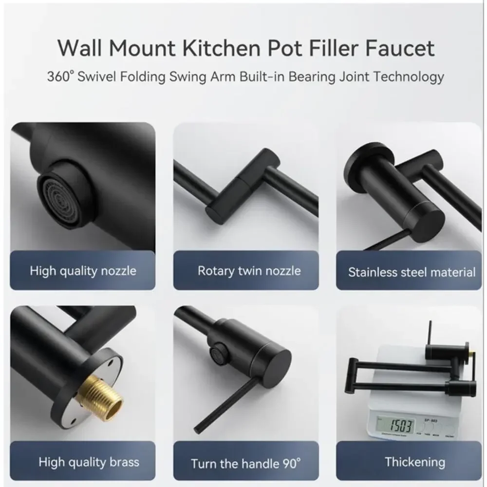 Black Wall Mount Pot Filler Faucet 360° Swivel Folding Swing Arm‎ Built Bearing